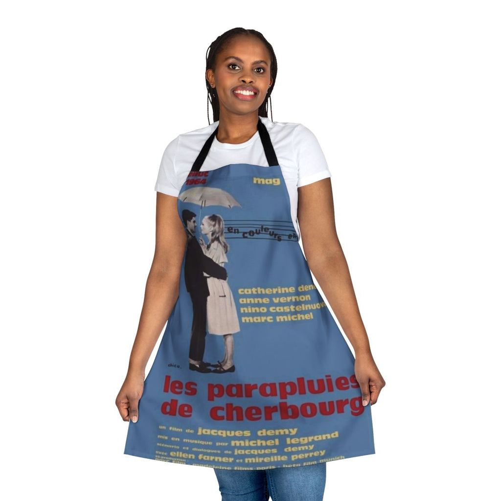 Vintage-style apron featuring a design inspired by the classic French film "The Umbrellas of Cherbourg"