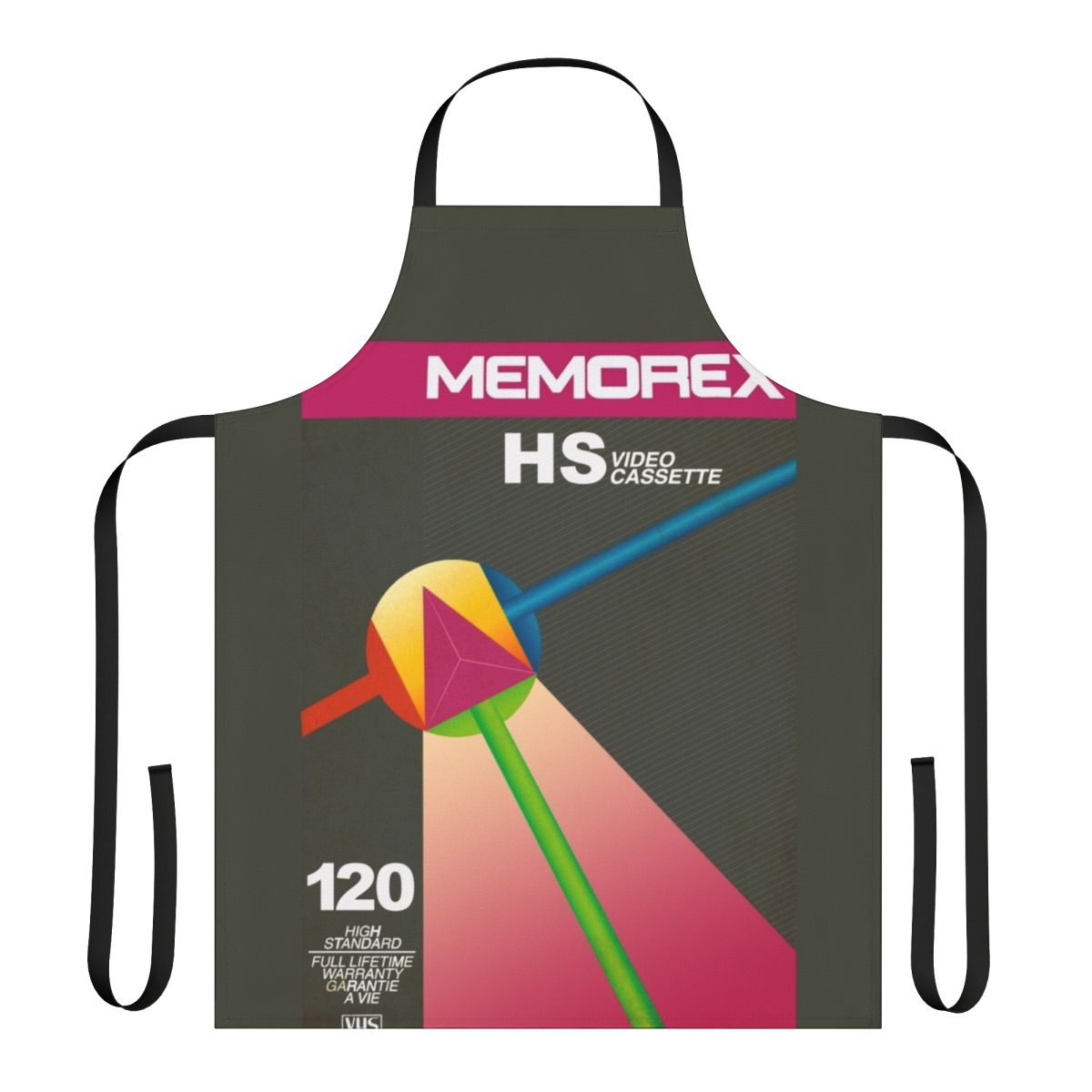 Vintage Memorex HS 120 video cassette tape apron with classic 80s and 90s design