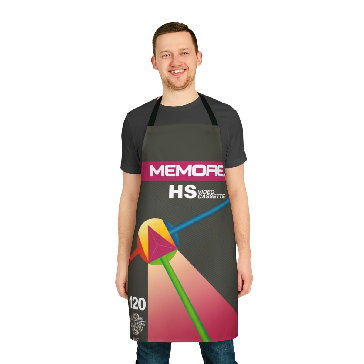 Vintage Memorex HS 120 video cassette tape apron with classic 80s and 90s design