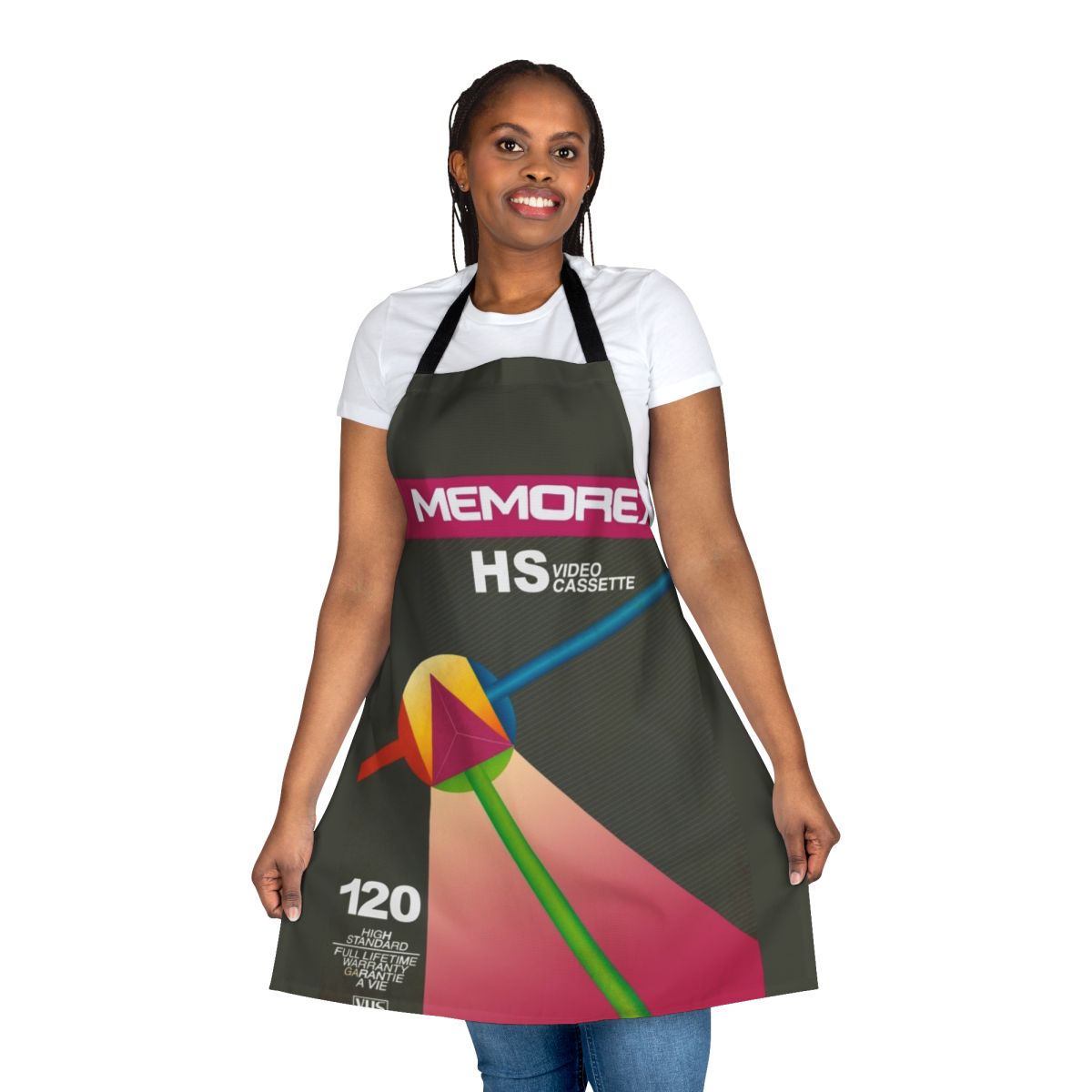 Vintage Memorex HS 120 video cassette tape apron with classic 80s and 90s design