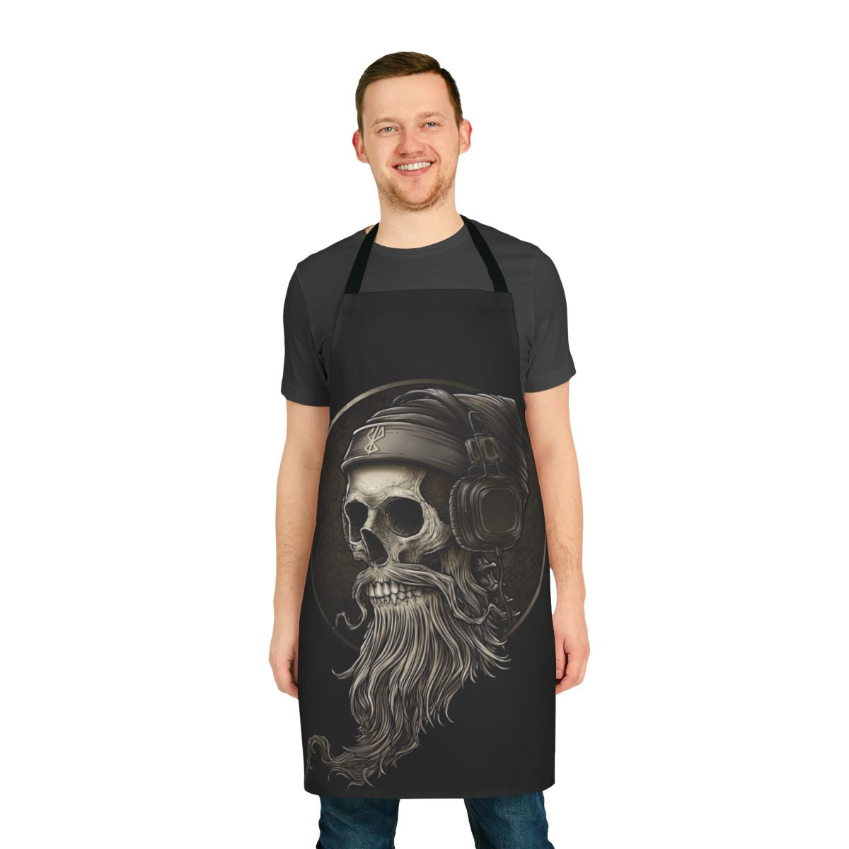 Vintage Viking skull beard apron with headphones