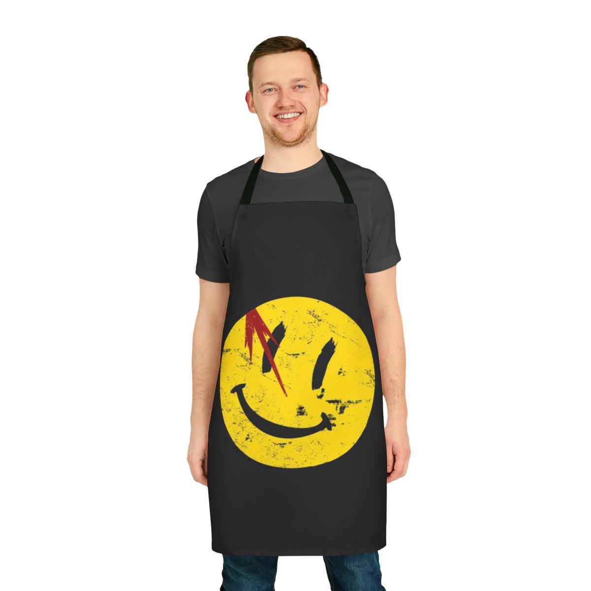 Vintage-style apron featuring the Watchmen symbol and a smiling face design