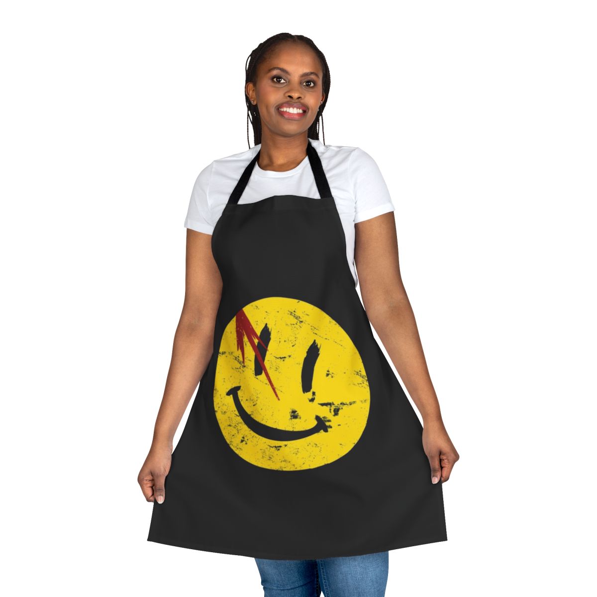 Vintage-style apron featuring the Watchmen symbol and a smiling face design