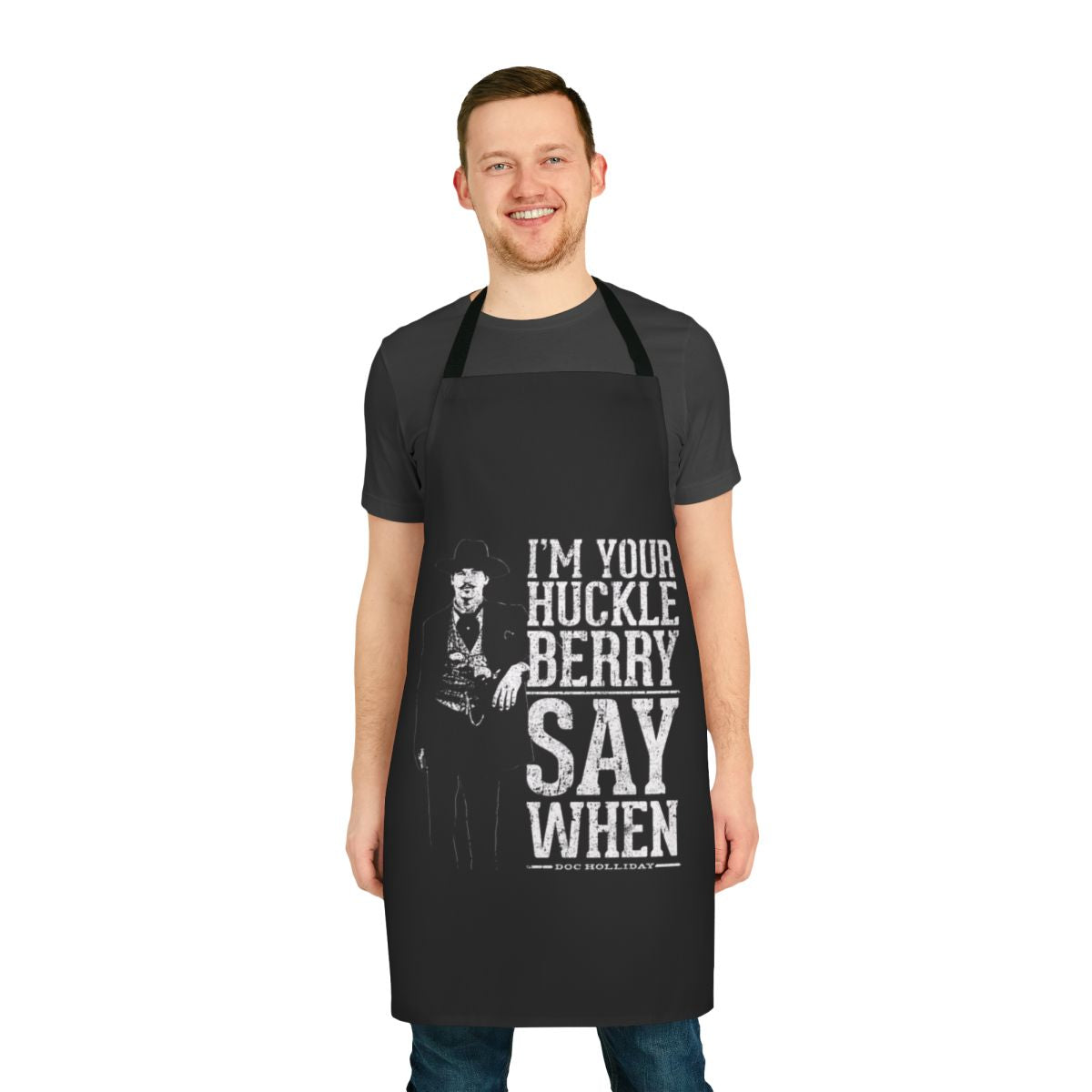 Vintage-style "I'm Your Huckleberry" apron featuring a Tombstone movie quote