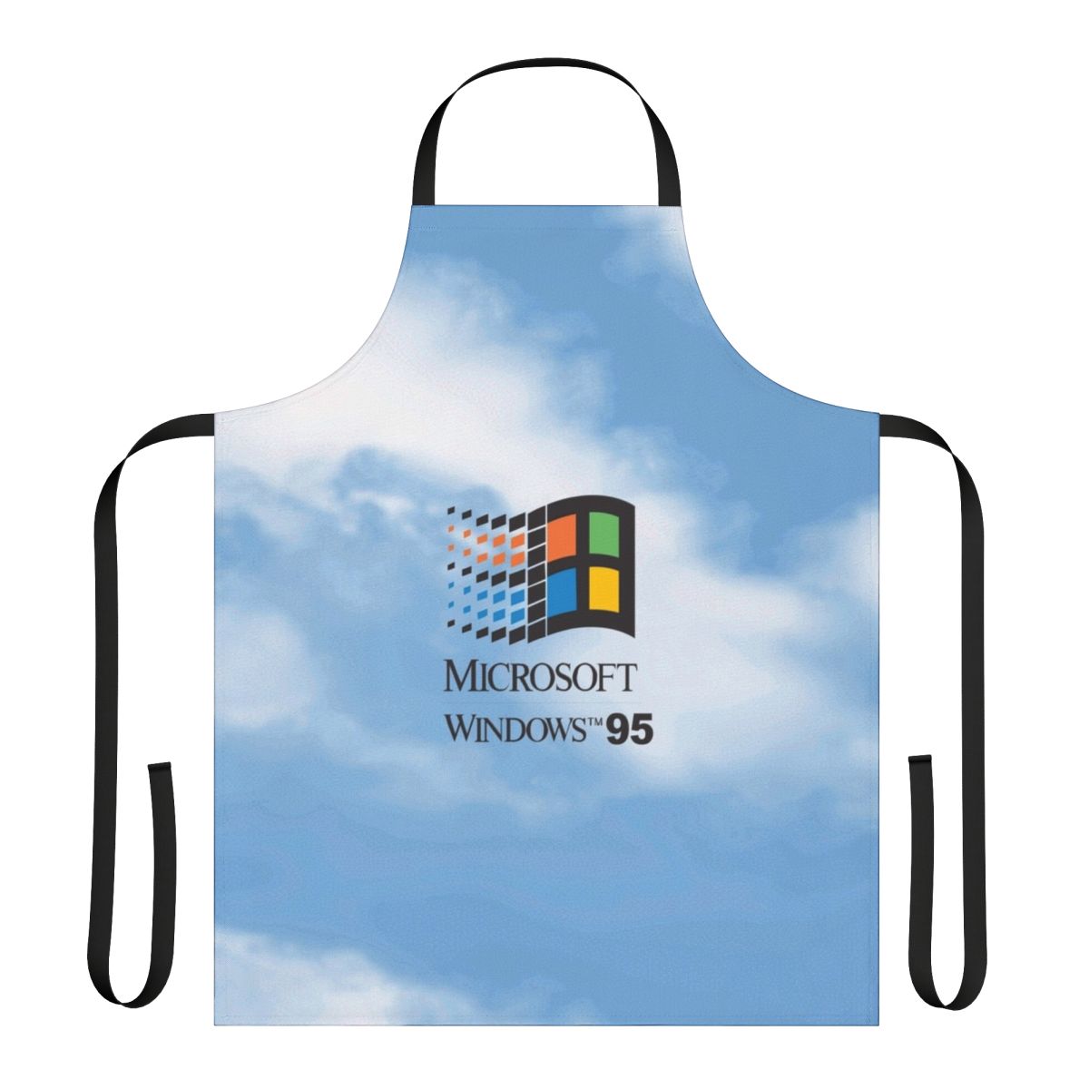 An apron featuring a retro-style Windows 95 and 98 logo design against a classic blue sky background, with a vintage and aesthetic vibe.