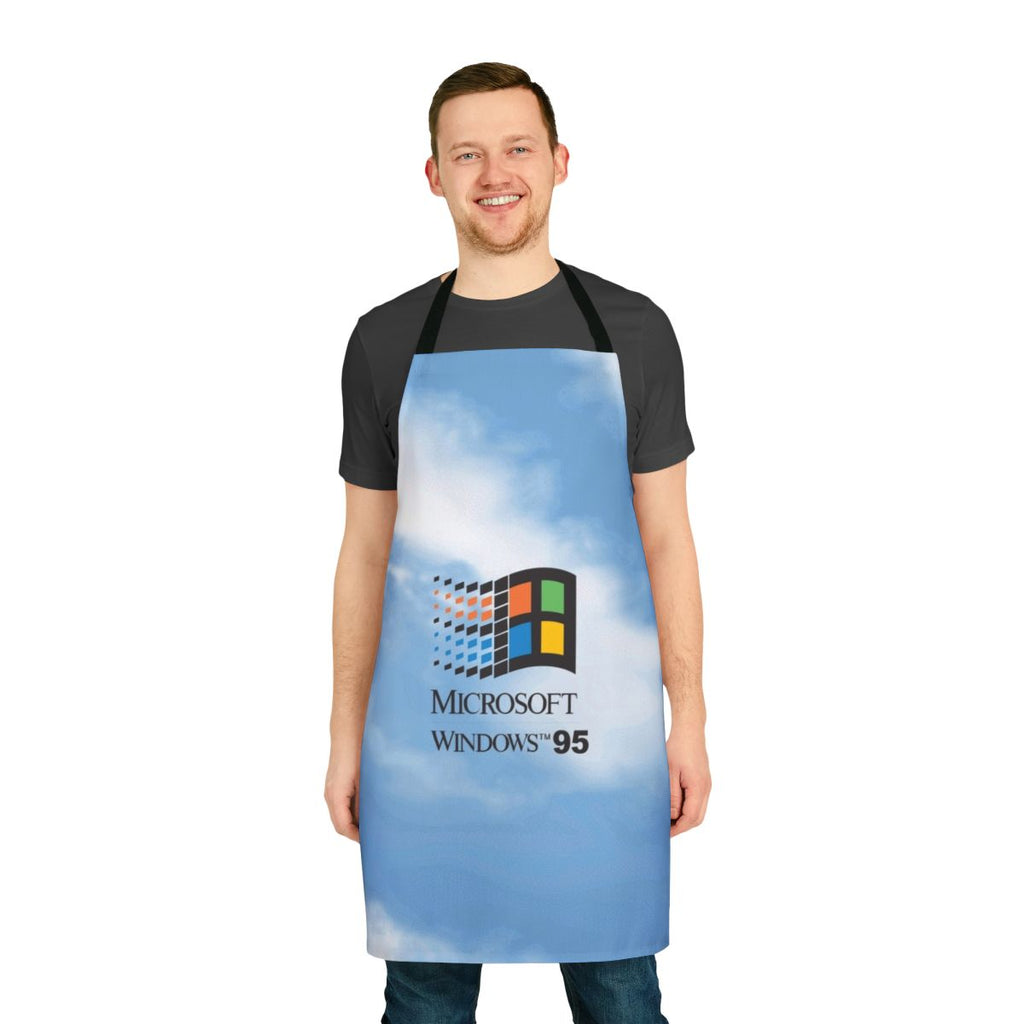 An apron featuring a retro-style Windows 95 and 98 logo design against a classic blue sky background, with a vintage and aesthetic vibe.