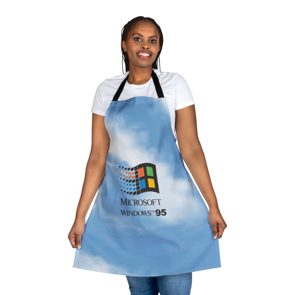 An apron featuring a retro-style Windows 95 and 98 logo design against a classic blue sky background, with a vintage and aesthetic vibe.