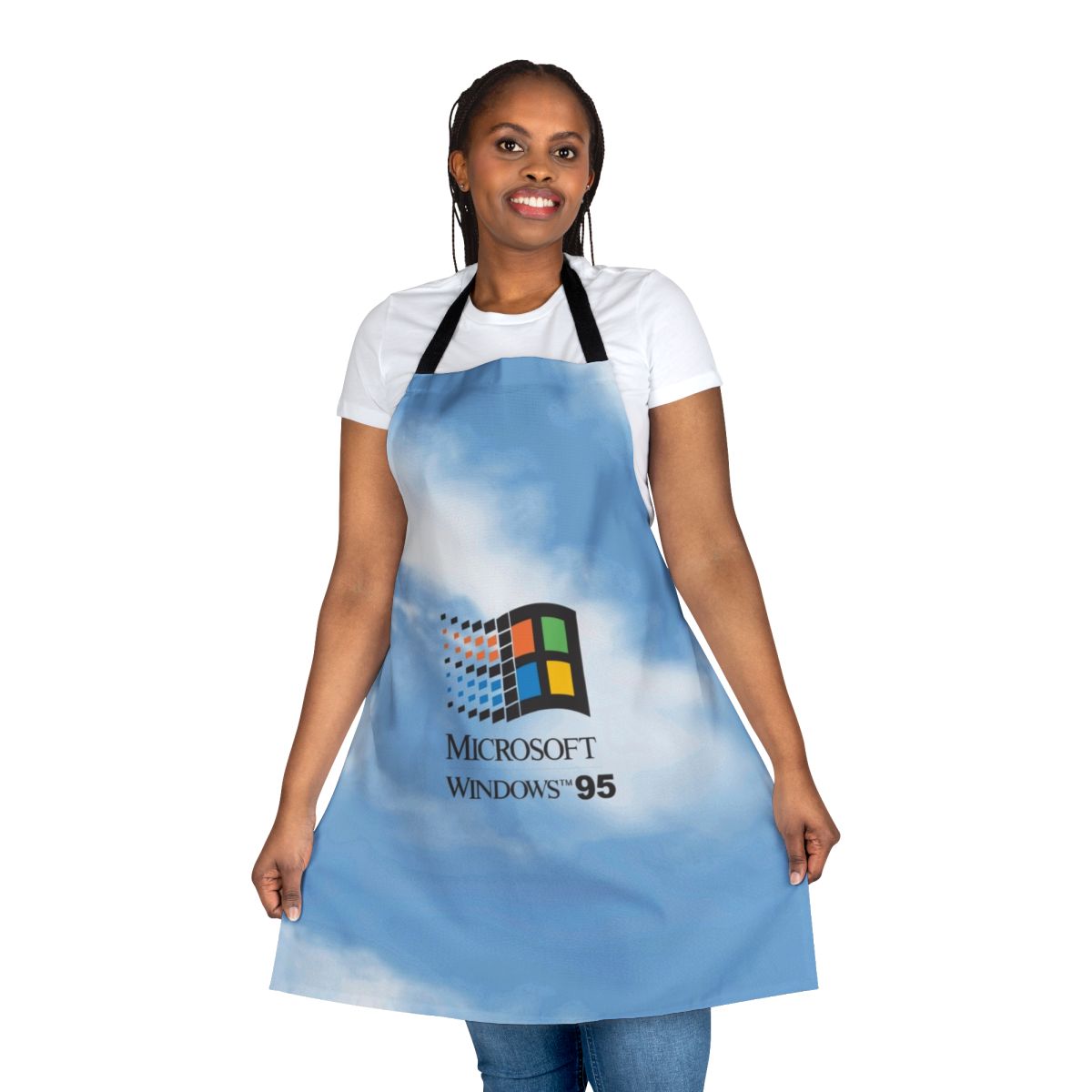 An apron featuring a retro-style Windows 95 and 98 logo design against a classic blue sky background, with a vintage and aesthetic vibe.