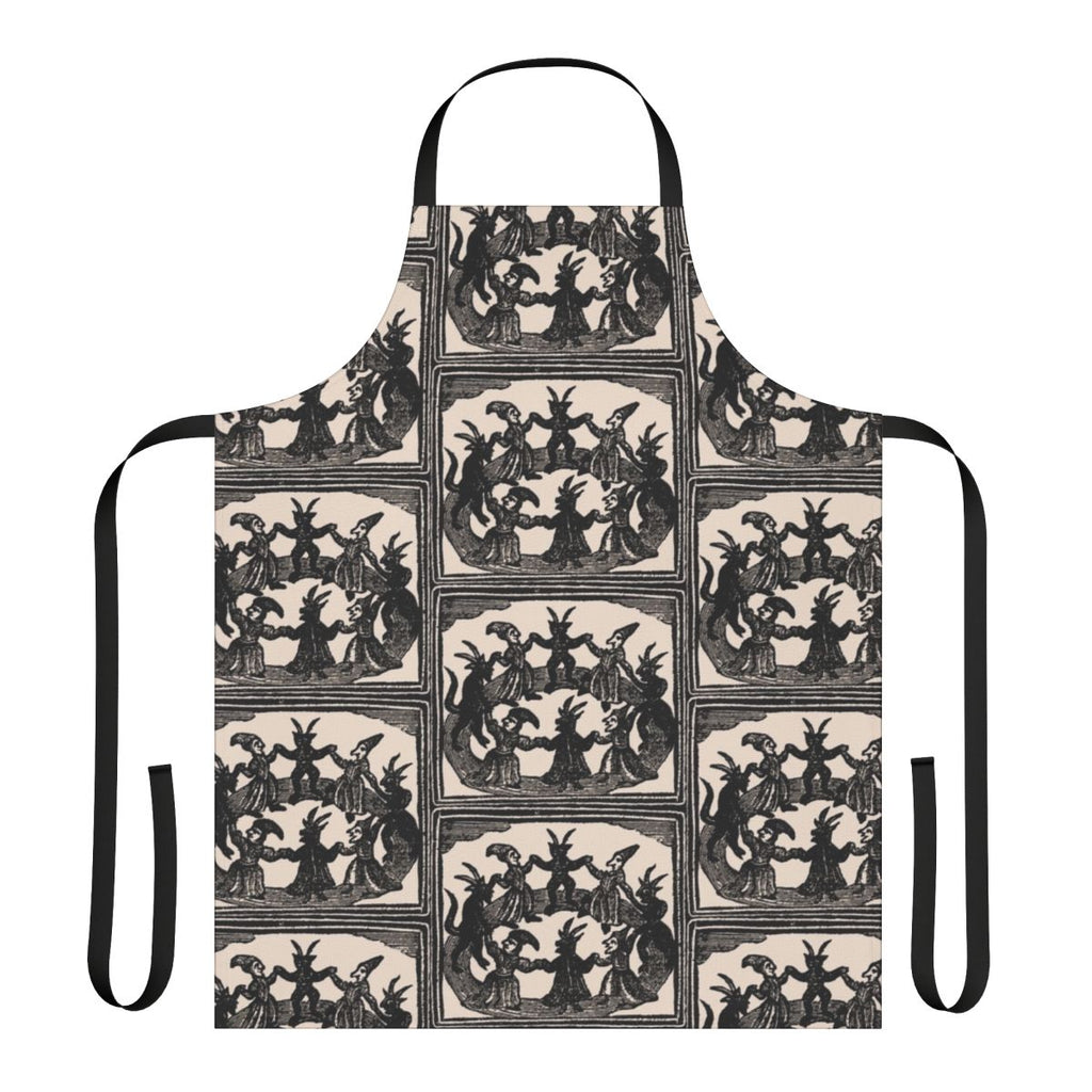 Vintage-style apron featuring a woodcut-inspired design of witches dancing in a circle.