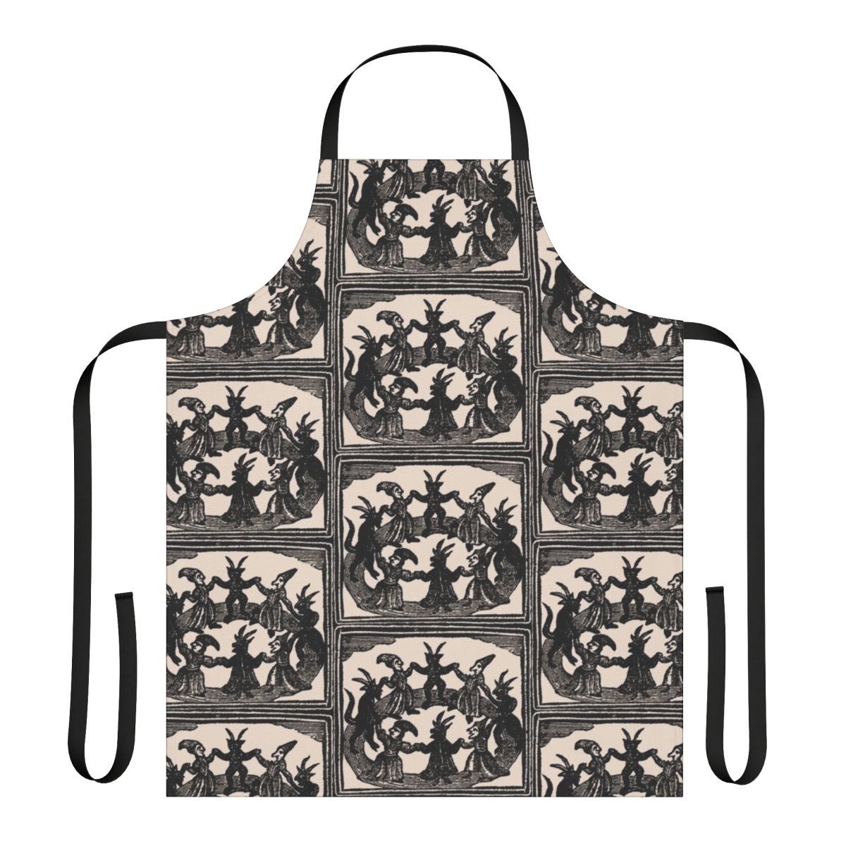 Vintage-style apron featuring a woodcut-inspired design of witches dancing in a circle.