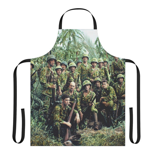 Vintage apron featuring colorized image of US Marine Raiders during the Battle of Bougainville in World War II