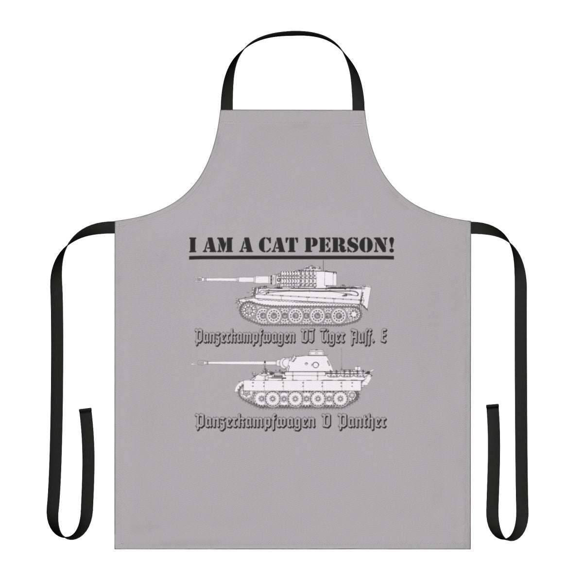 A stylish apron featuring a vintage-inspired World War II tank with the text "I Am A Cat Person"