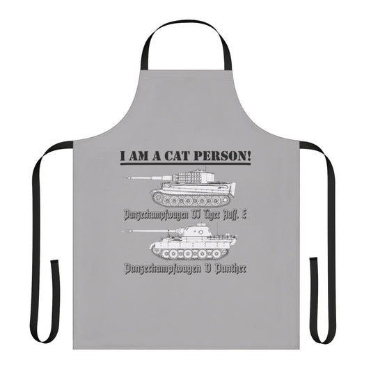 A stylish apron featuring a vintage-inspired World War II tank with the text "I Am A Cat Person"
