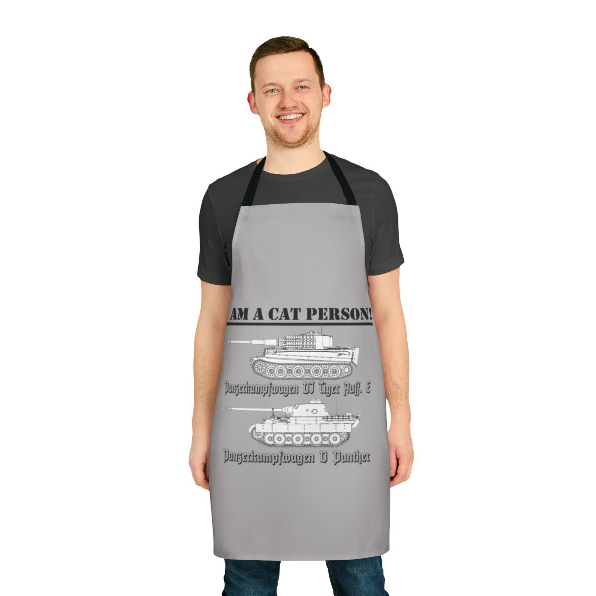 A stylish apron featuring a vintage-inspired World War II tank with the text "I Am A Cat Person"