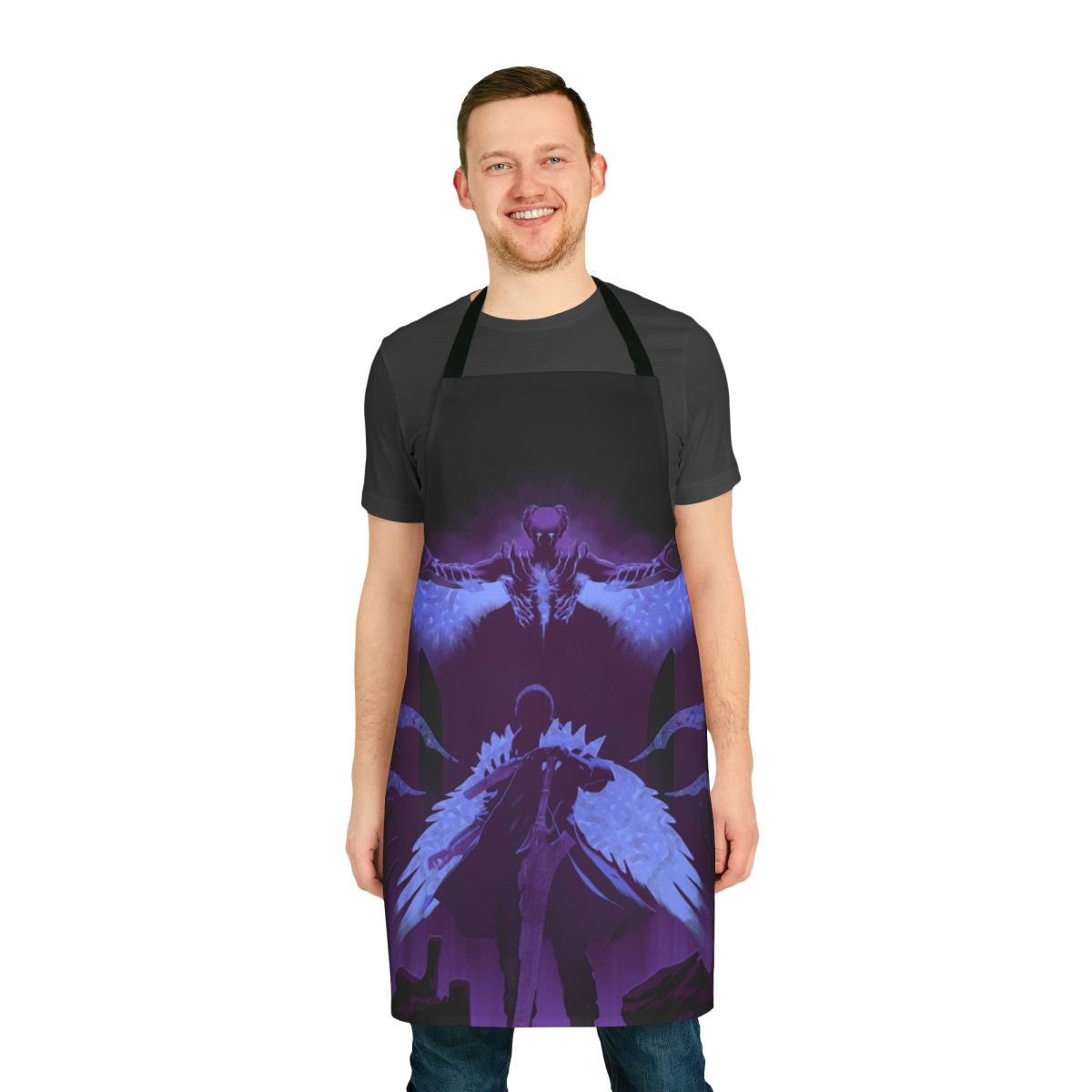 A stylish violet-colored apron featuring demonic and combat-themed graphics, perfect for gamers and fans of the Devil May Cry franchise.