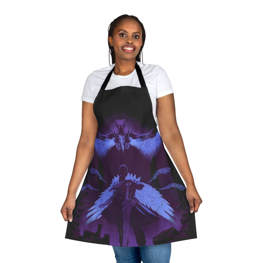 A stylish violet-colored apron featuring demonic and combat-themed graphics, perfect for gamers and fans of the Devil May Cry franchise.