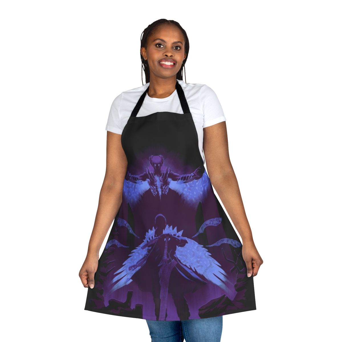 A stylish violet-colored apron featuring demonic and combat-themed graphics, perfect for gamers and fans of the Devil May Cry franchise.