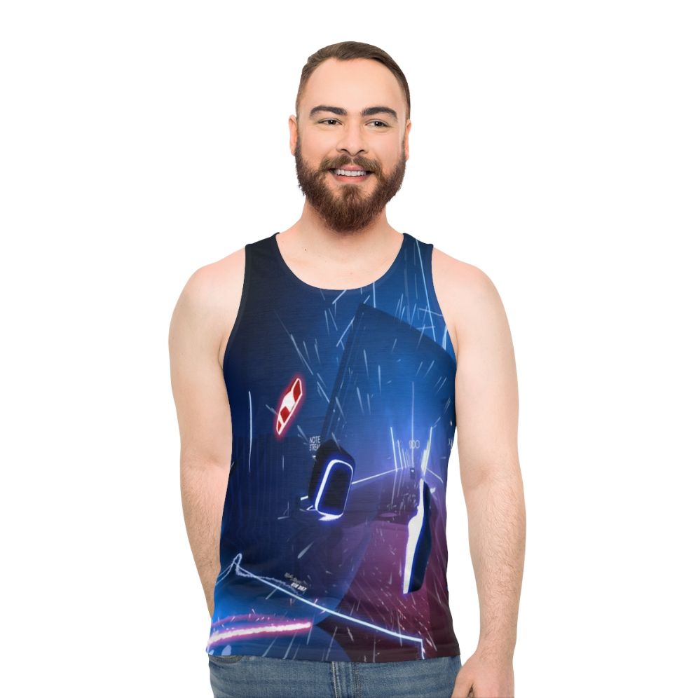 Unisex tank top featuring virtual reality, gaming, and futuristic space-themed design