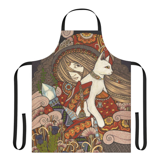 A stylish and mystical apron featuring tarot card imagery, owls, and cats for the creative kitchen enthusiast.