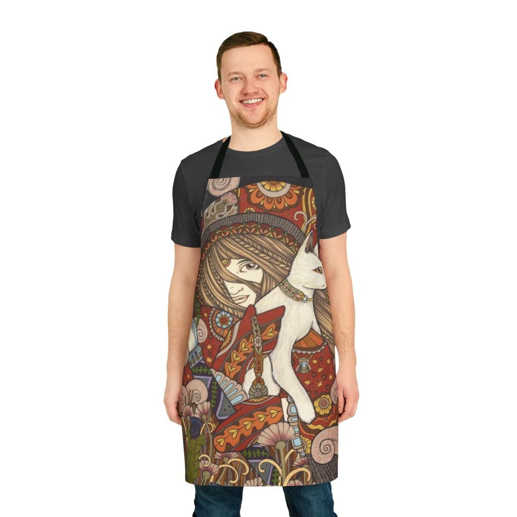 A stylish and mystical apron featuring tarot card imagery, owls, and cats for the creative kitchen enthusiast.