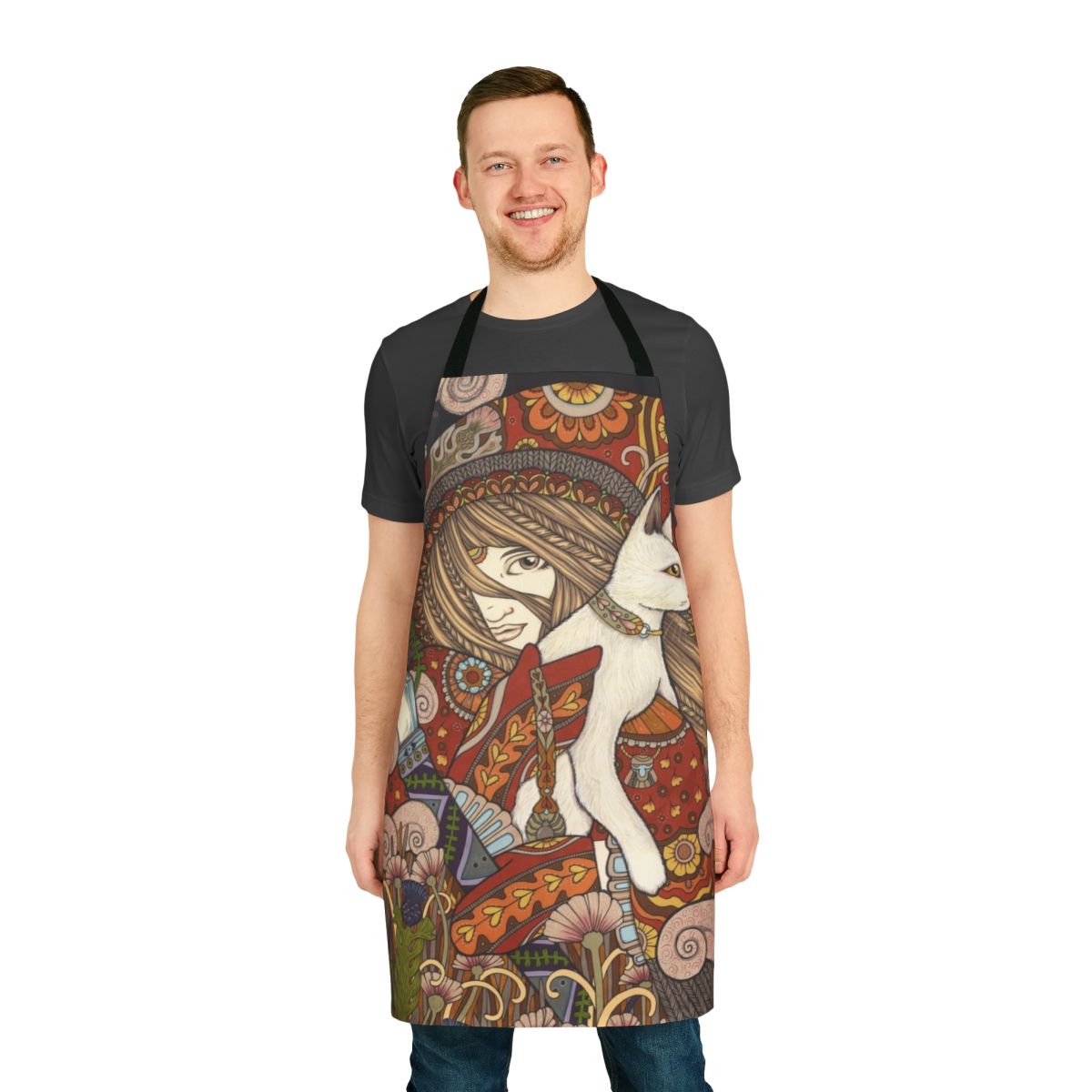 A stylish and mystical apron featuring tarot card imagery, owls, and cats for the creative kitchen enthusiast.
