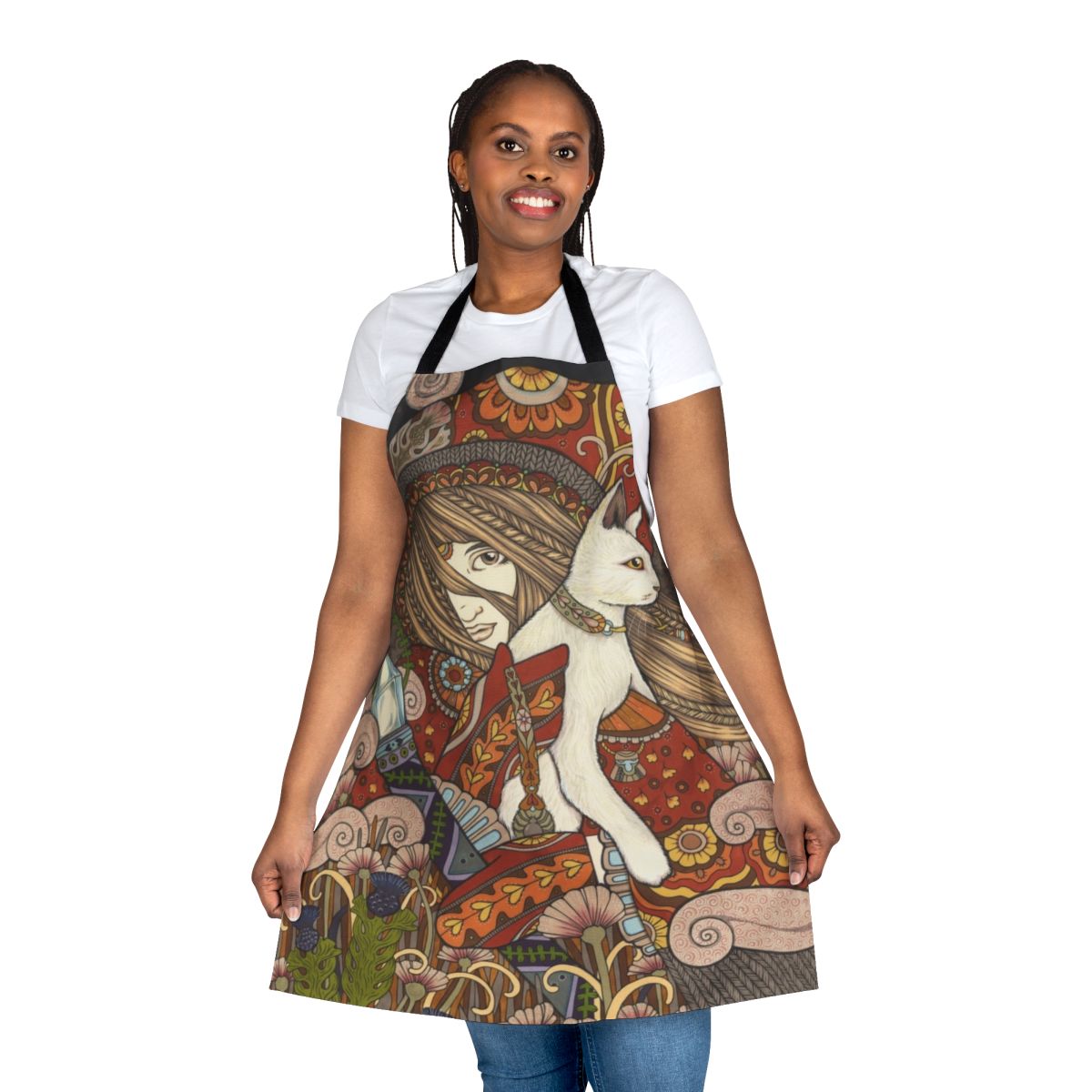 A stylish and mystical apron featuring tarot card imagery, owls, and cats for the creative kitchen enthusiast.