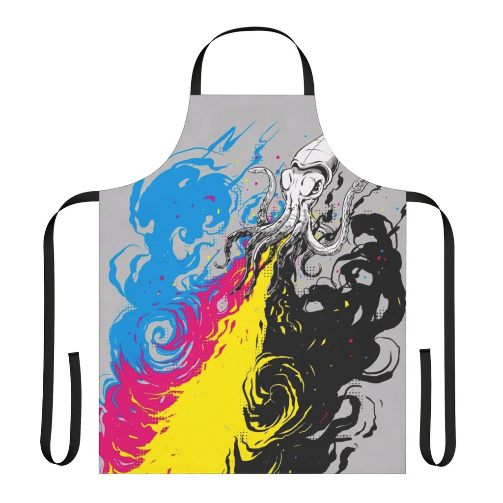 Vibrant digital art apron featuring a fantastical squid design in a colorful, creative style