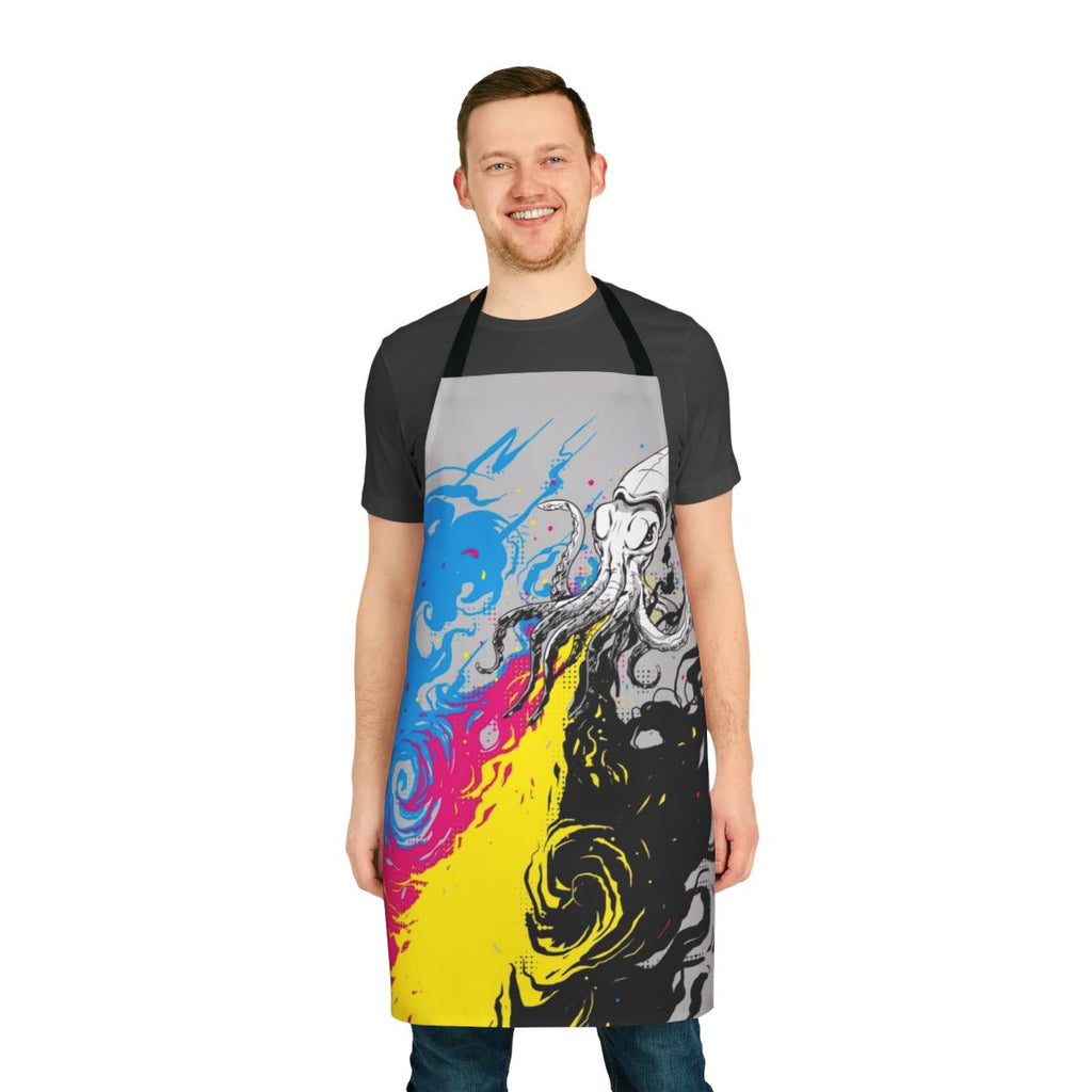 Vibrant digital art apron featuring a fantastical squid design in a colorful, creative style