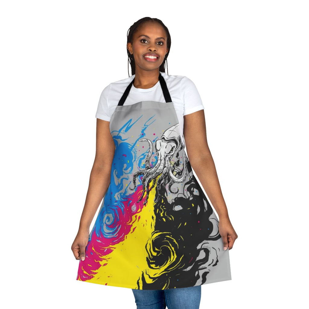 Vibrant digital art apron featuring a fantastical squid design in a colorful, creative style