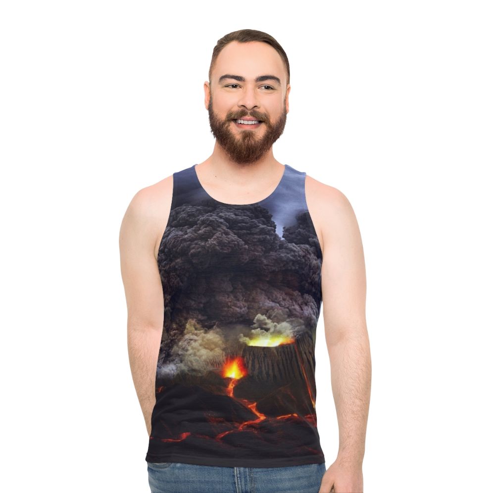 Volcano erupting with lava flow and fiery mountain landscape