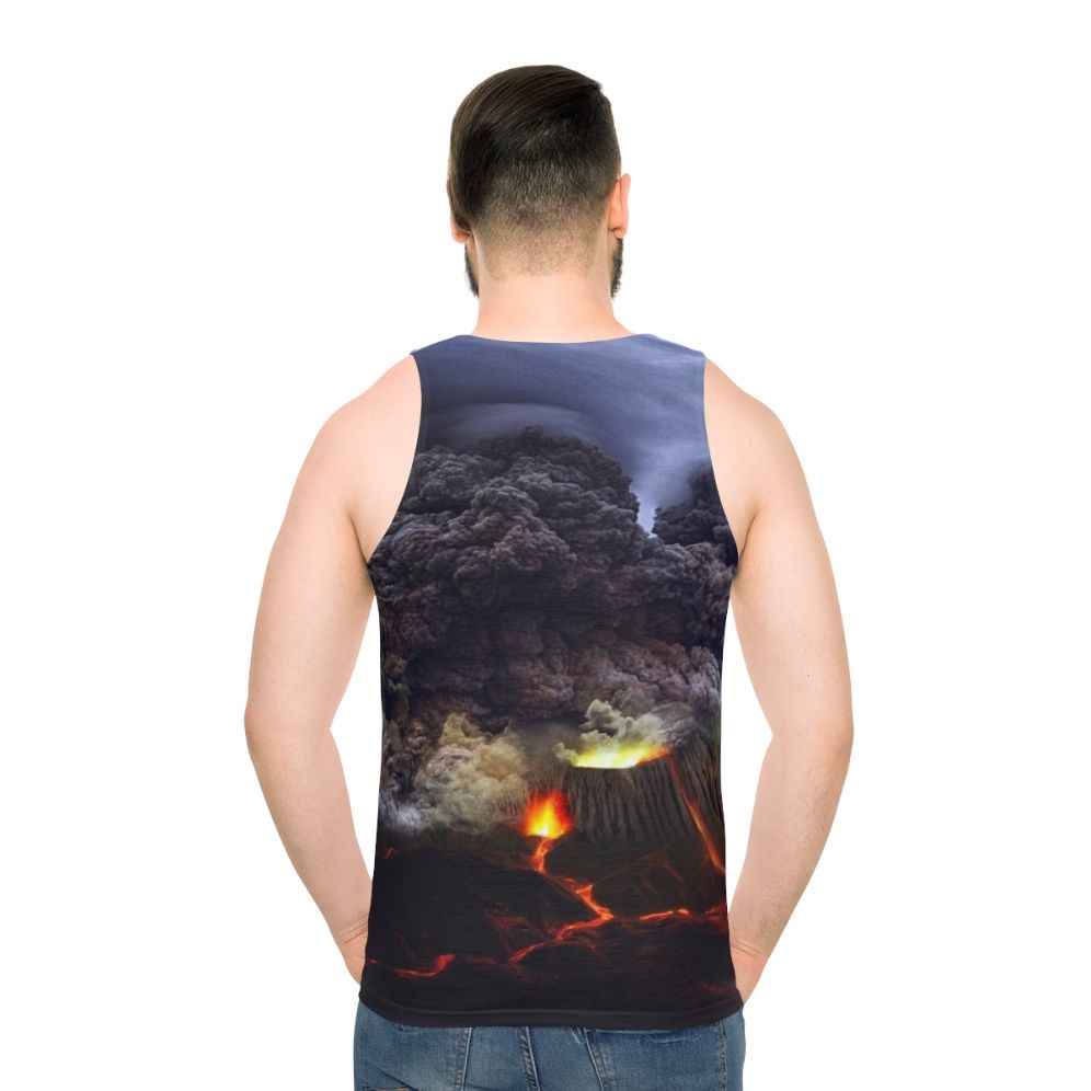 Volcano erupting with lava flow and fiery mountain landscape
