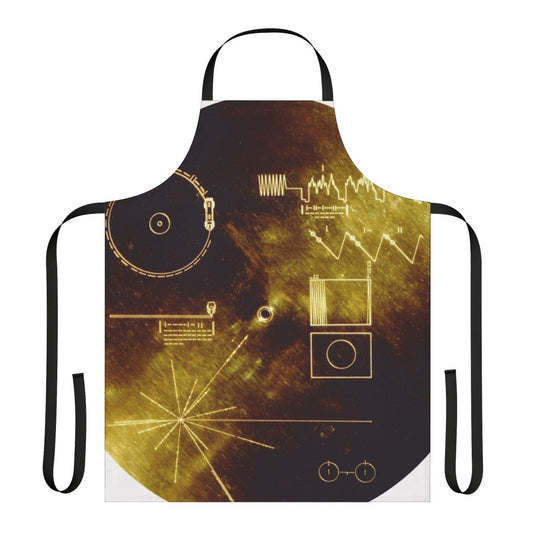 Voyager Golden Record-inspired apron featuring planets, stars, and symbols of interstellar communication