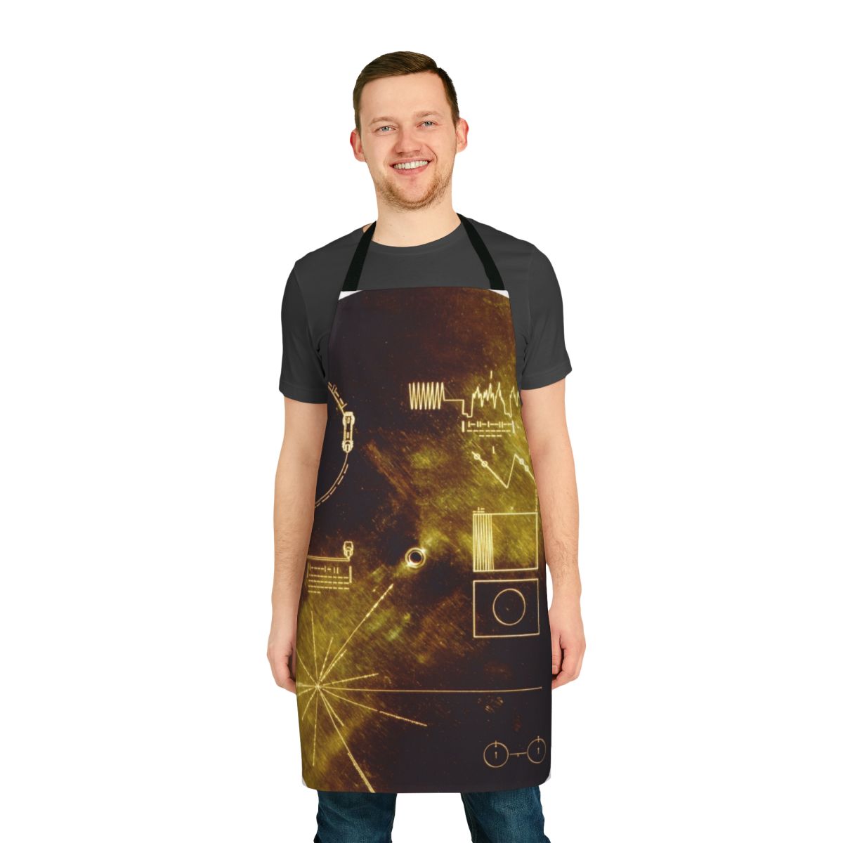 Voyager Golden Record-inspired apron featuring planets, stars, and symbols of interstellar communication