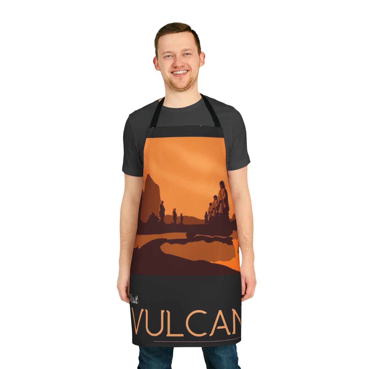 Vulcan-Inspired Travel Poster Apron, featuring a retro-style design with the Vulcan symbol and "Vulcan" text
