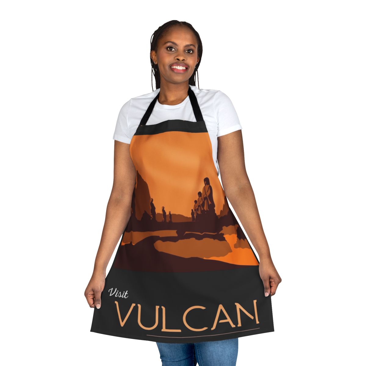 Vulcan-Inspired Travel Poster Apron, featuring a retro-style design with the Vulcan symbol and "Vulcan" text