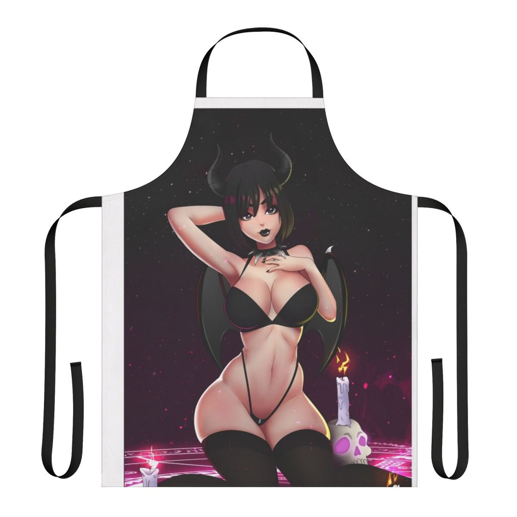 A high-quality apron featuring a detailed illustration of a succubus girl anime character.