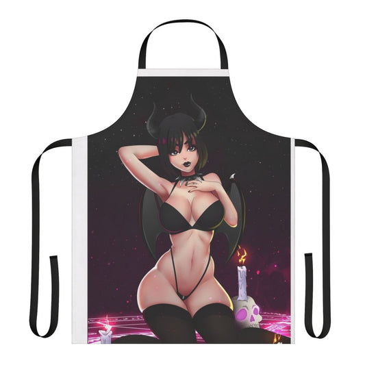 A high-quality apron featuring a detailed illustration of a succubus girl anime character.
