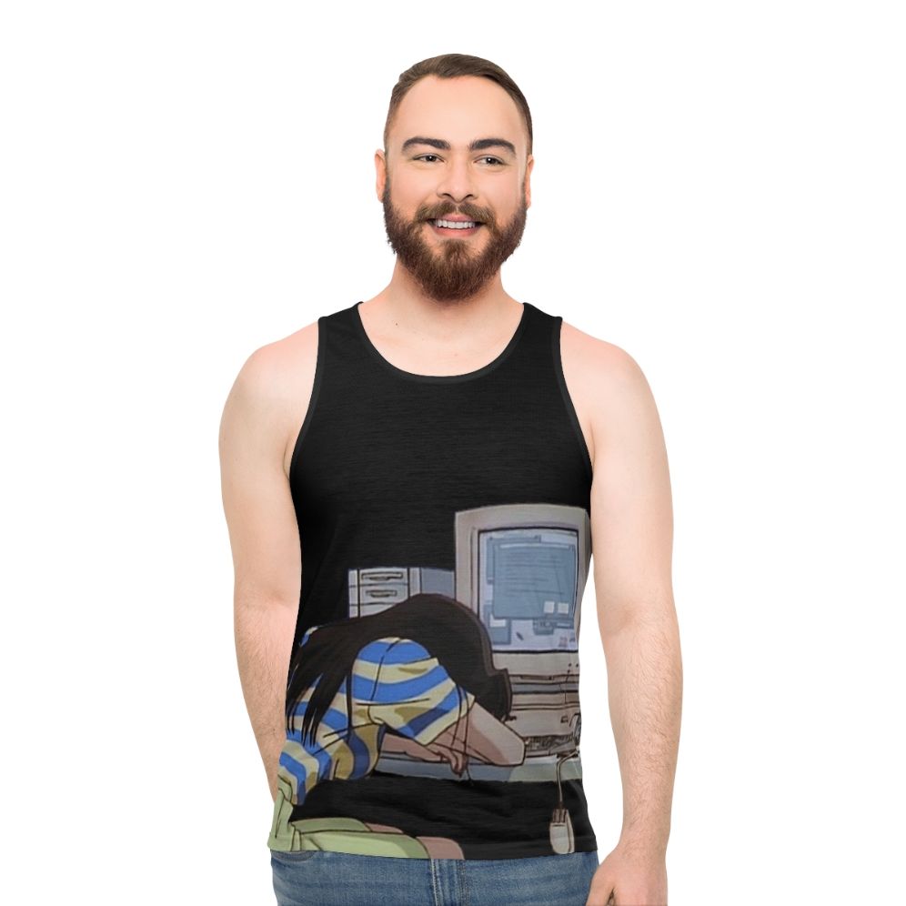 Waiting Unisex Tank Top with Vaporwave and Anime-inspired Design