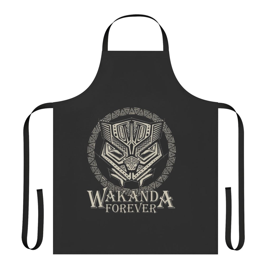 Wakanda-inspired superhero apron featuring Black Panther, Killmonger, and Dora Milaje designs