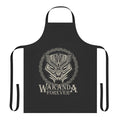 Wakanda-inspired superhero apron featuring Black Panther, Killmonger, and Dora Milaje designs
