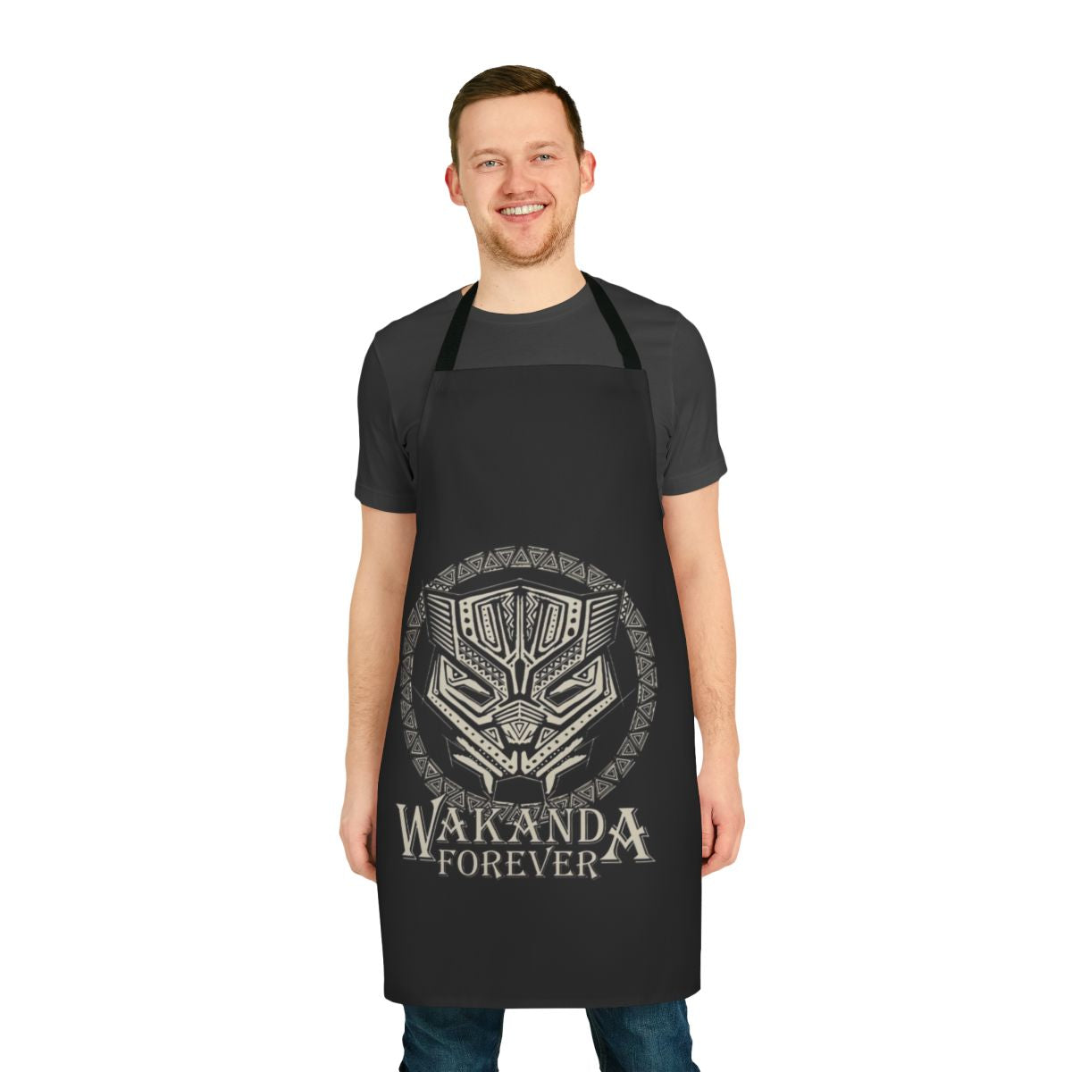 Wakanda-inspired superhero apron featuring Black Panther, Killmonger, and Dora Milaje designs