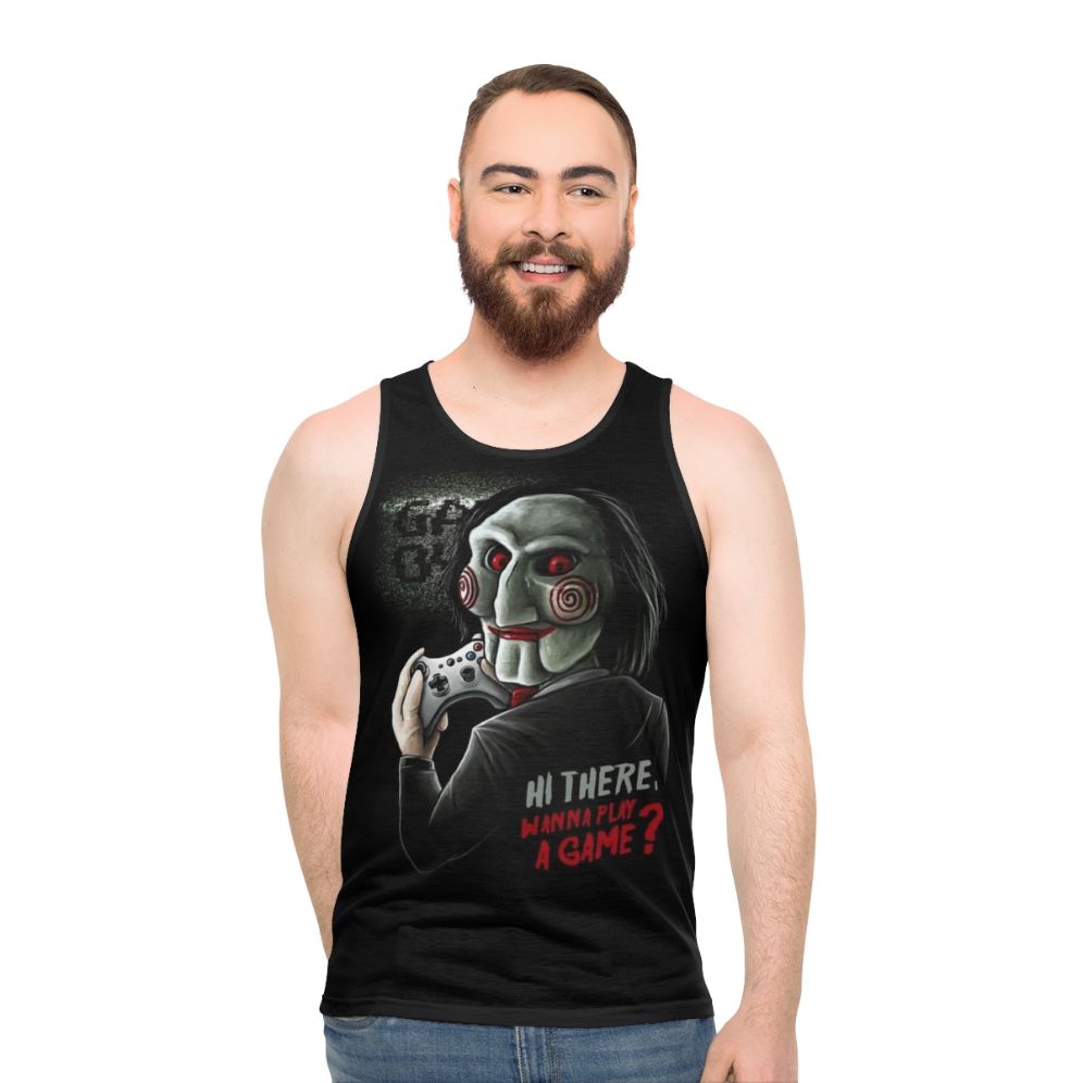 Unisex Wanna Play a Game tank top for horror movie and video game fans