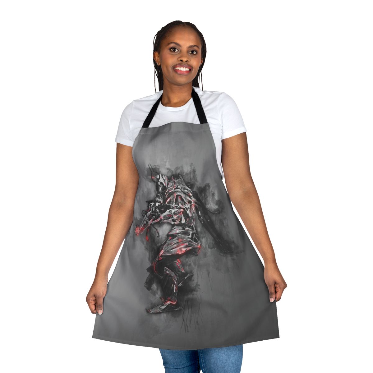 Warframe-inspired apron featuring the Ash Warframe and its ashes