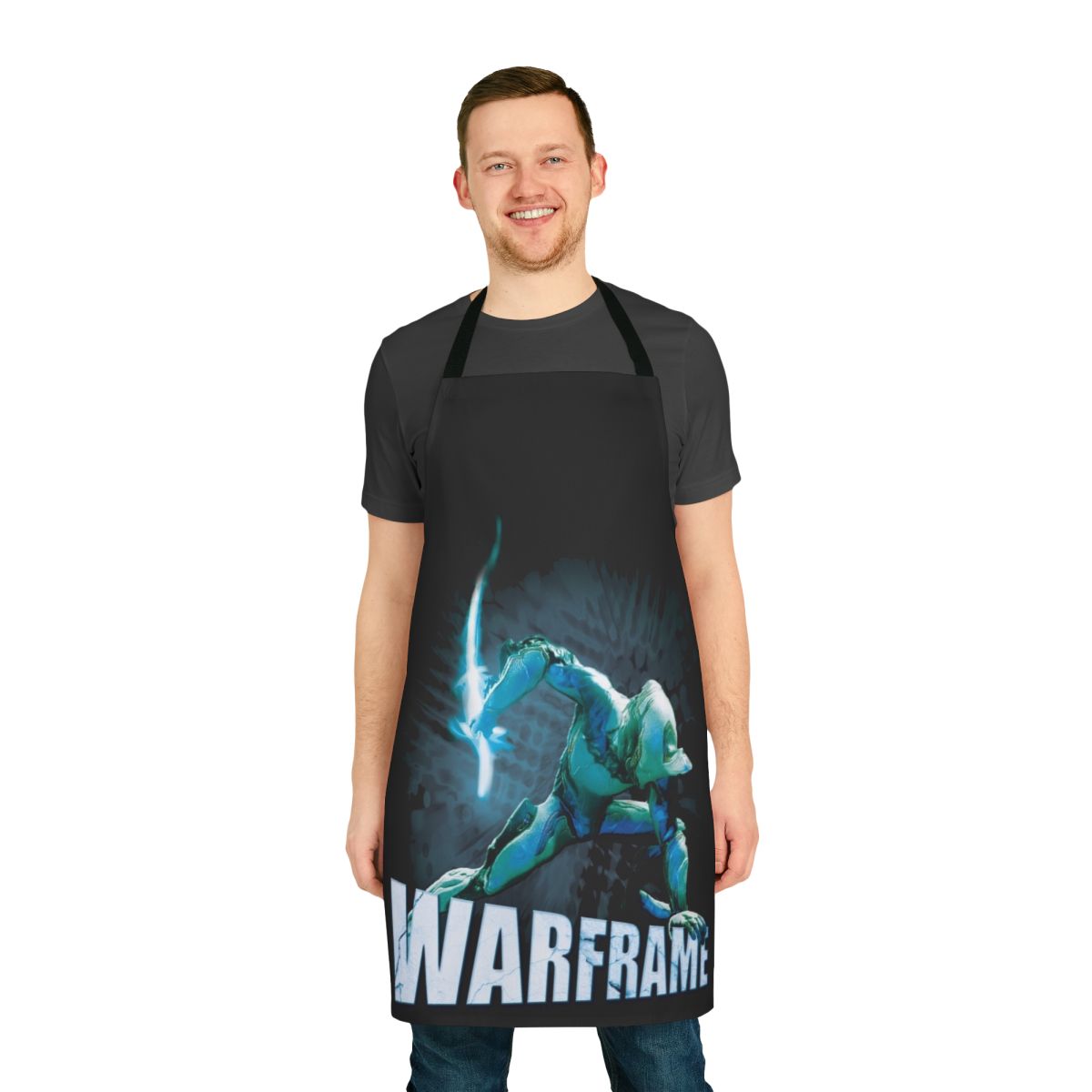 Warframe inspired t-shirt apron featuring popular characters and symbols from the video game