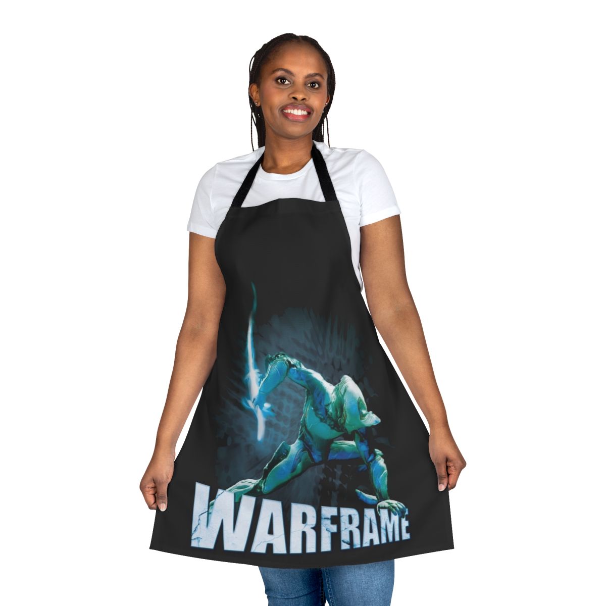 Warframe inspired t-shirt apron featuring popular characters and symbols from the video game