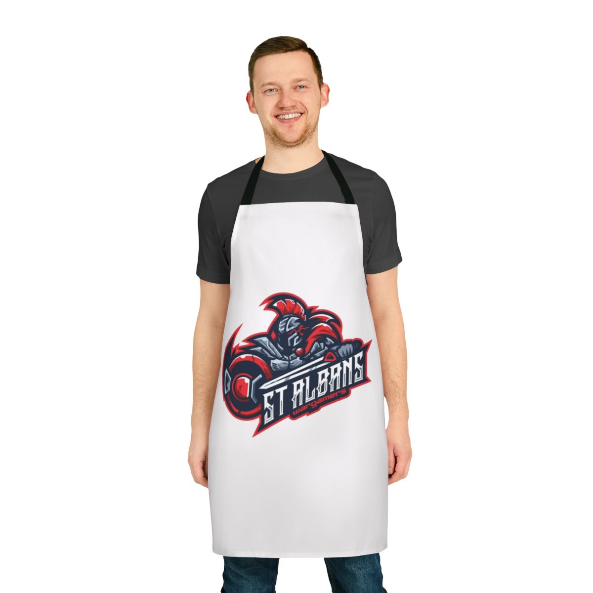 Apron with a customizable logo design for wargamers and tabletop RPG enthusiasts