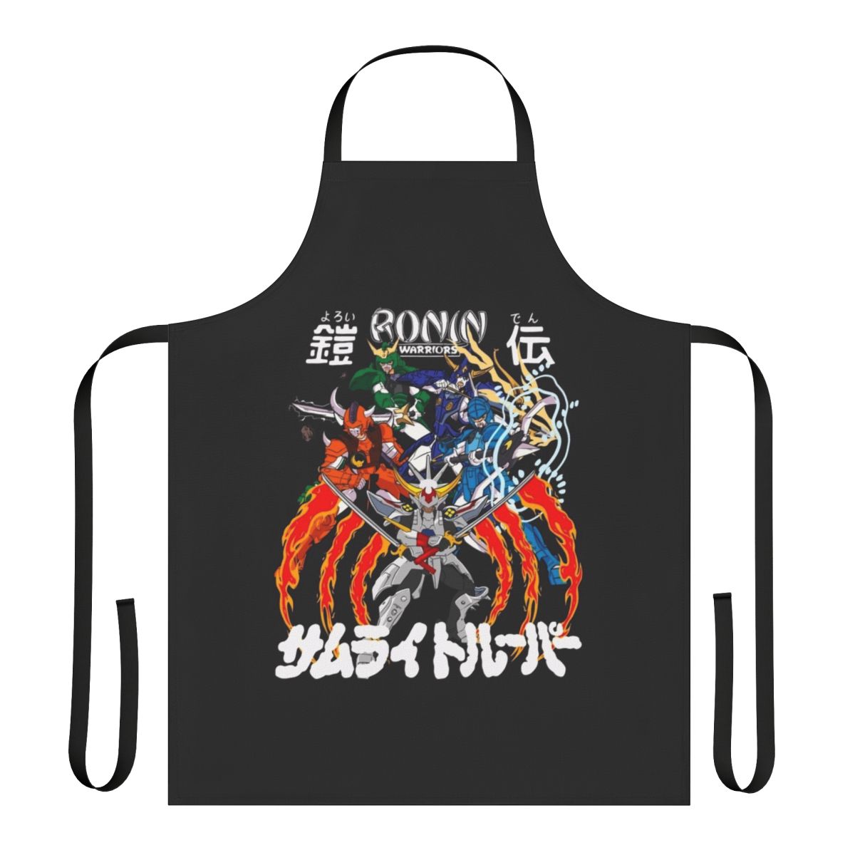 A stylish apron featuring the Ronin Warriors anime characters in a modern, high-quality design.