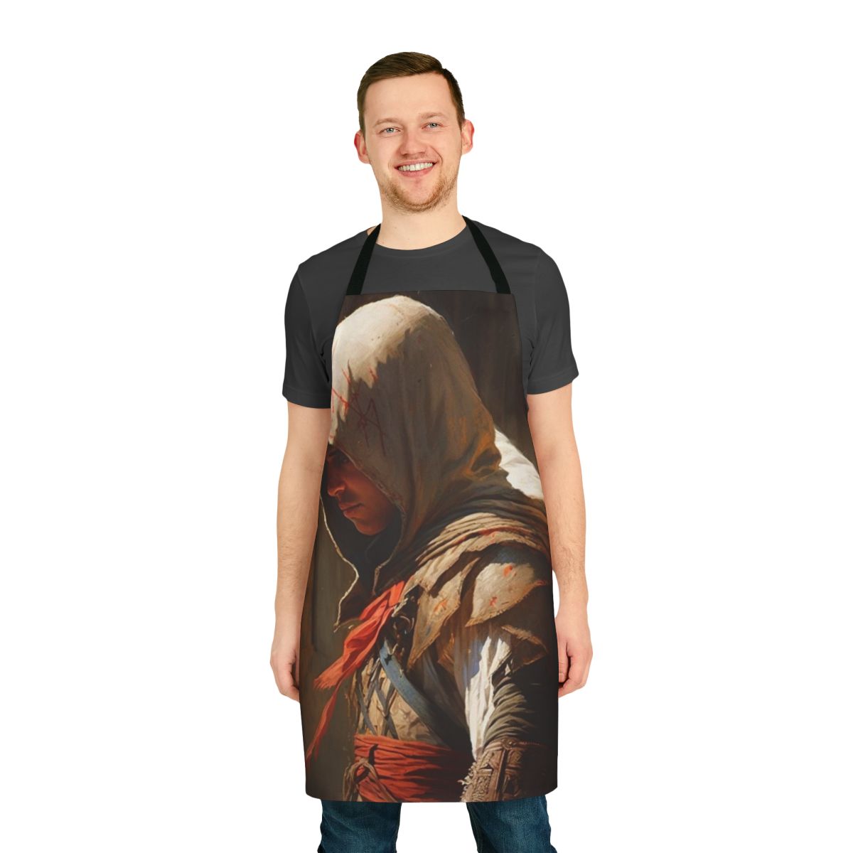 Assassin's Creed-inspired painting apron featuring warrior artwork