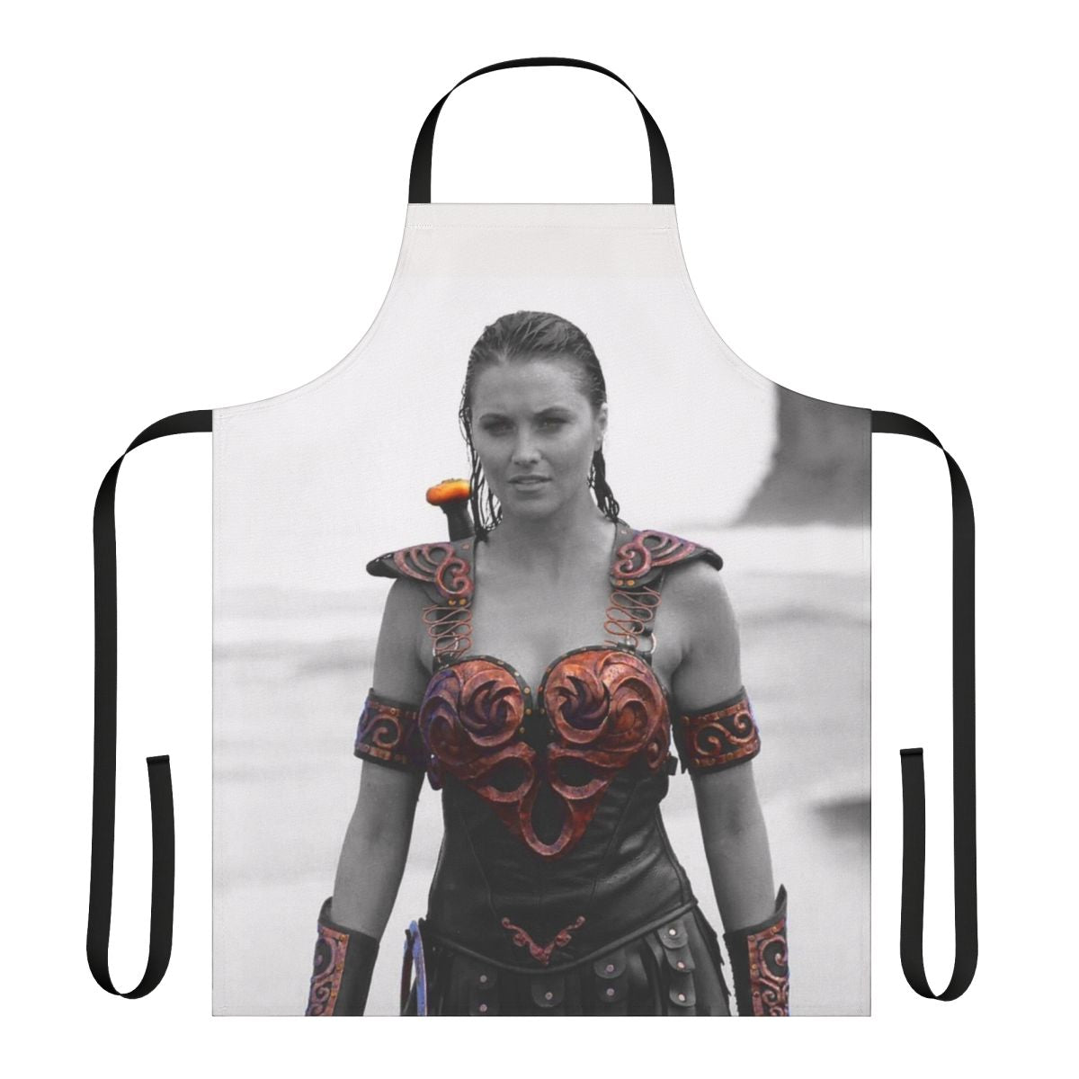 A high-quality apron featuring a warrior princess design, perfect for cosplay and fantasy-themed cooking or crafting.
