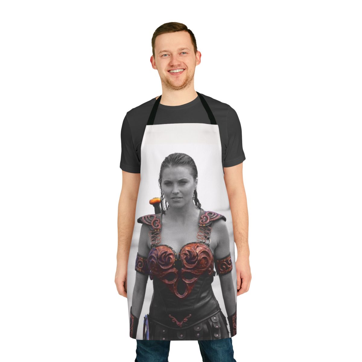 A high-quality apron featuring a warrior princess design, perfect for cosplay and fantasy-themed cooking or crafting.